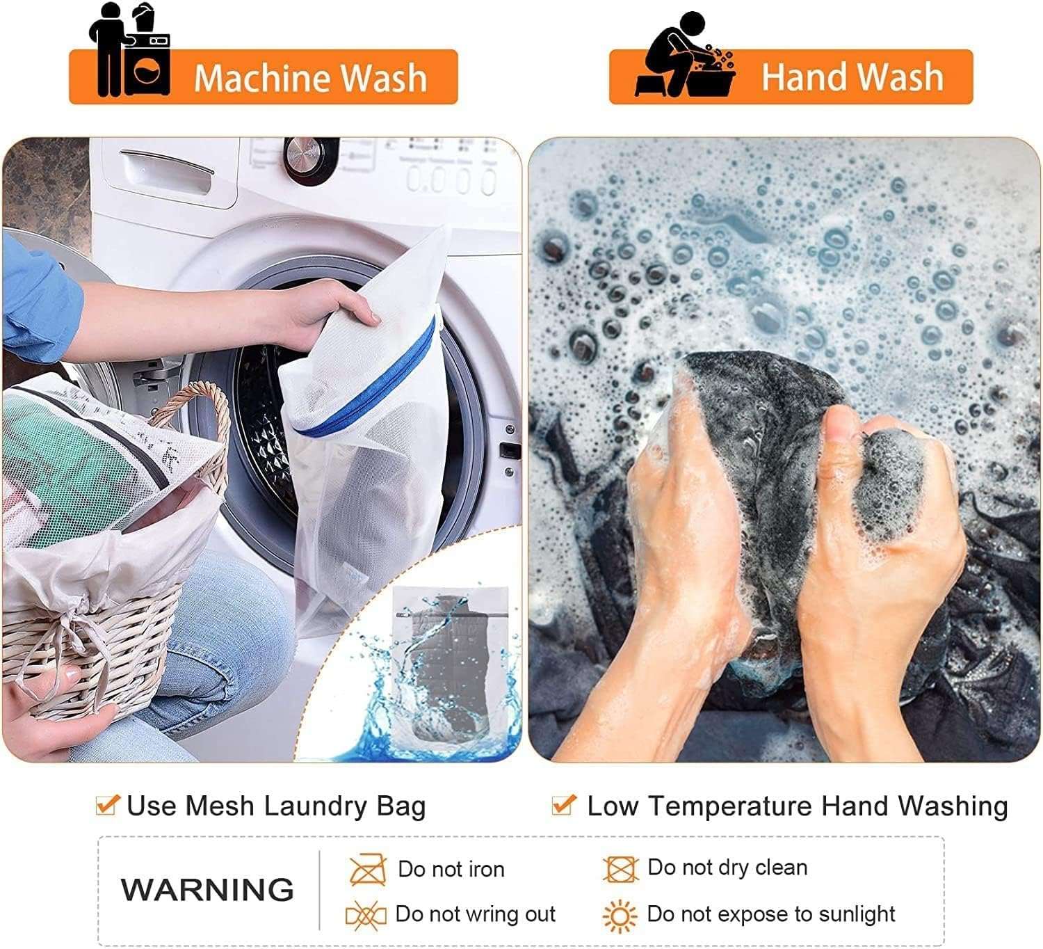 Unisex warming heated vest care instructions showing machine wash with mesh laundry bag and low temperature hand wash guidance