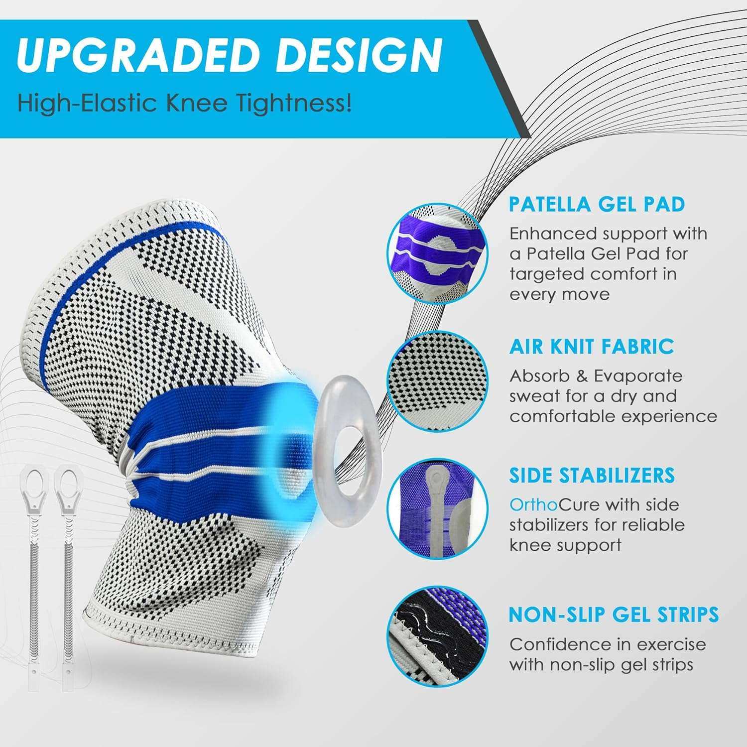 Knee brace with patella gel pad, air knit fabric, side stabilizers, and non-slip gel strips for enhanced knee support and comfort