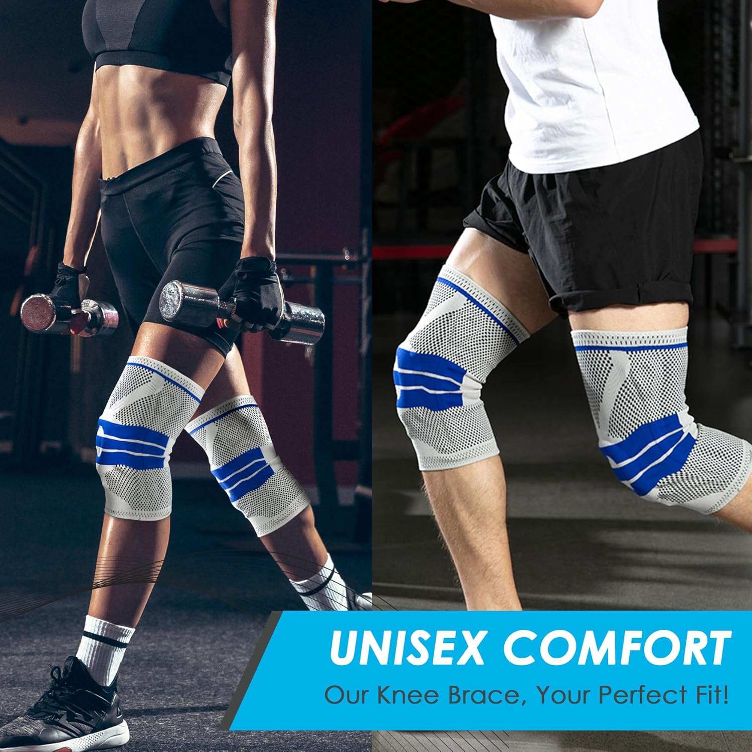Unisex knee brace with patella gel pad and side stabilizers for workout support and injury prevention