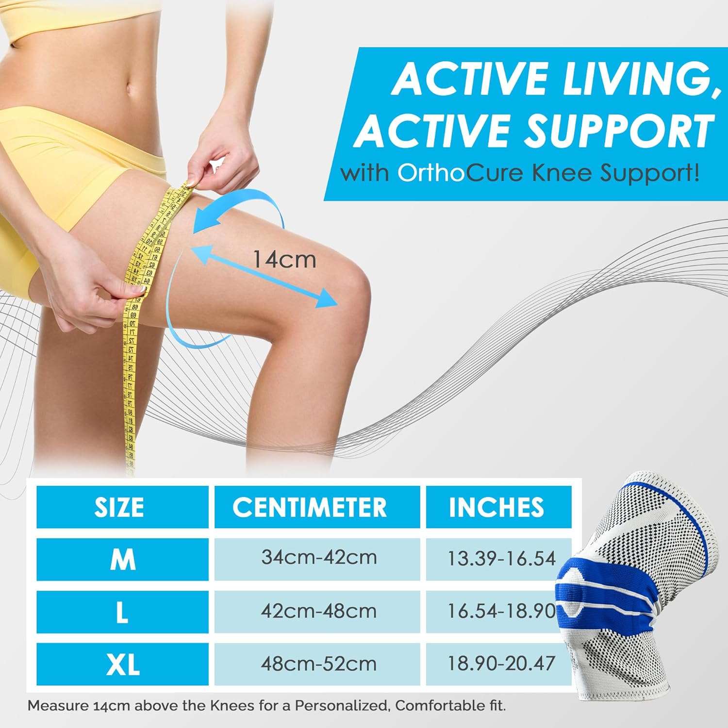 Knee Brace with Patella Gel Pad and side stabilizers showing size chart and measuring guide for active support