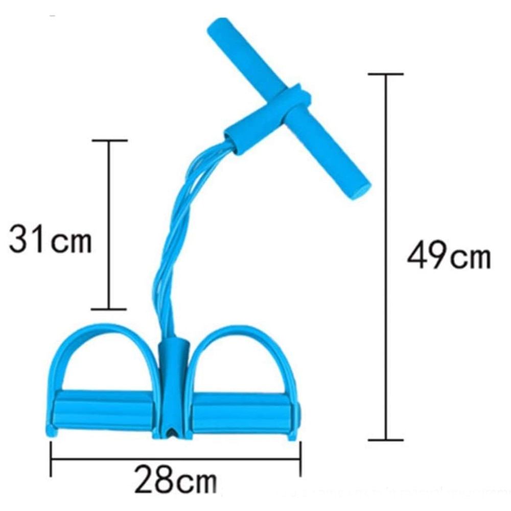 Blue multifunctional pedal resistance elastic sit-up band with foam handles and dimensions marked for fitness workouts
