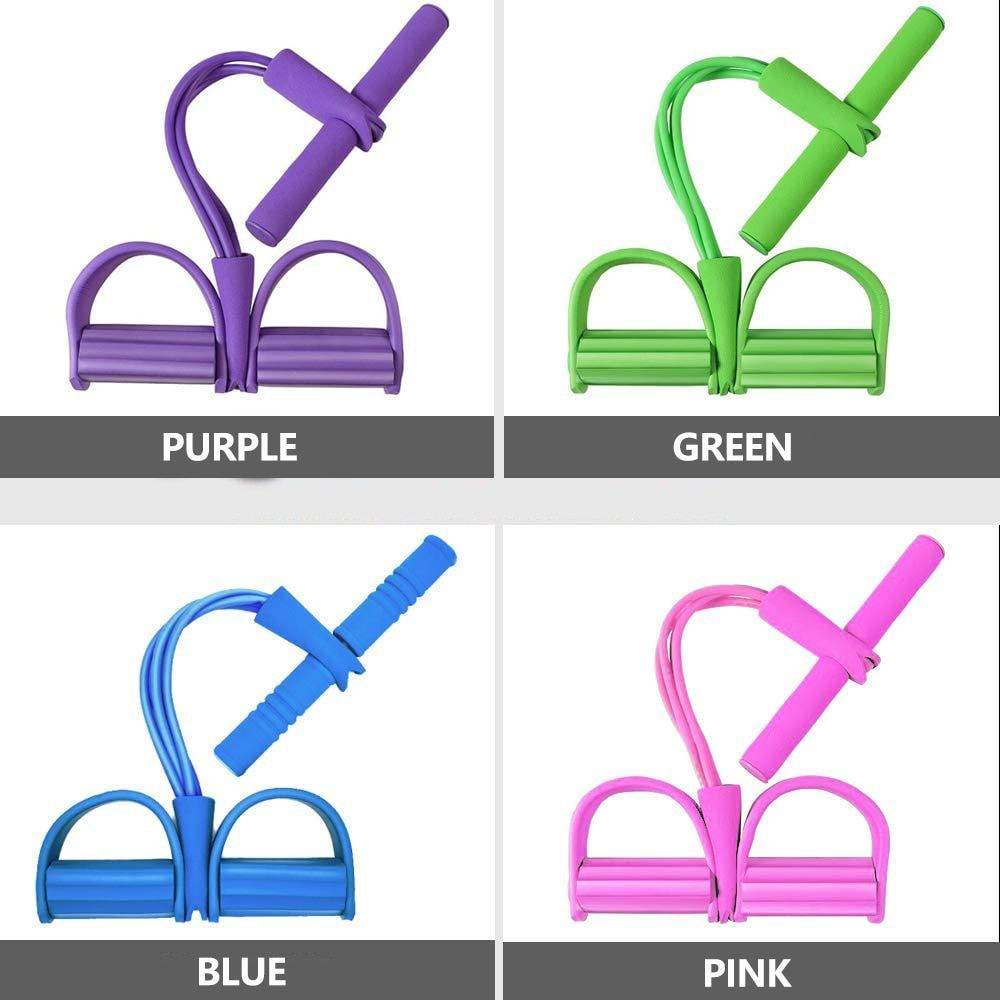 Multifunctional pedal resistance elastic sit-up bands in purple, green, blue, and pink with foam handles and anti-skid pedals for full-body workouts.