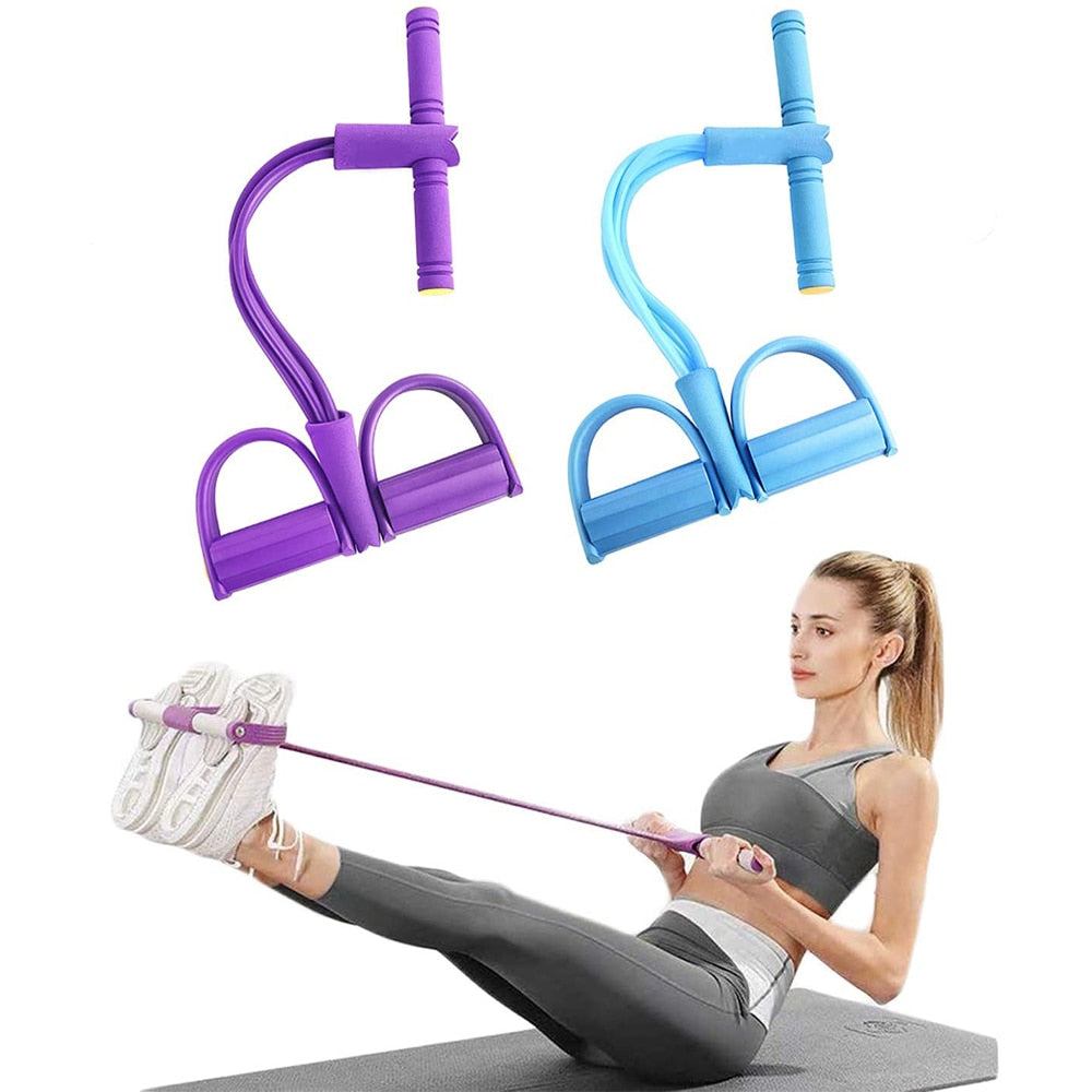 Multifunctional Pedal Resistance Elastic Sit-up Bands in purple and blue with a woman using the purple band for core workout on a yoga mat