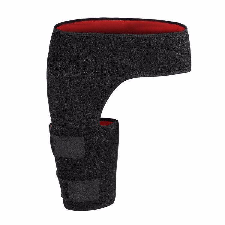 Black hip brace for sciatica and groin pain relief with adjustable compression wrap and Velcro straps