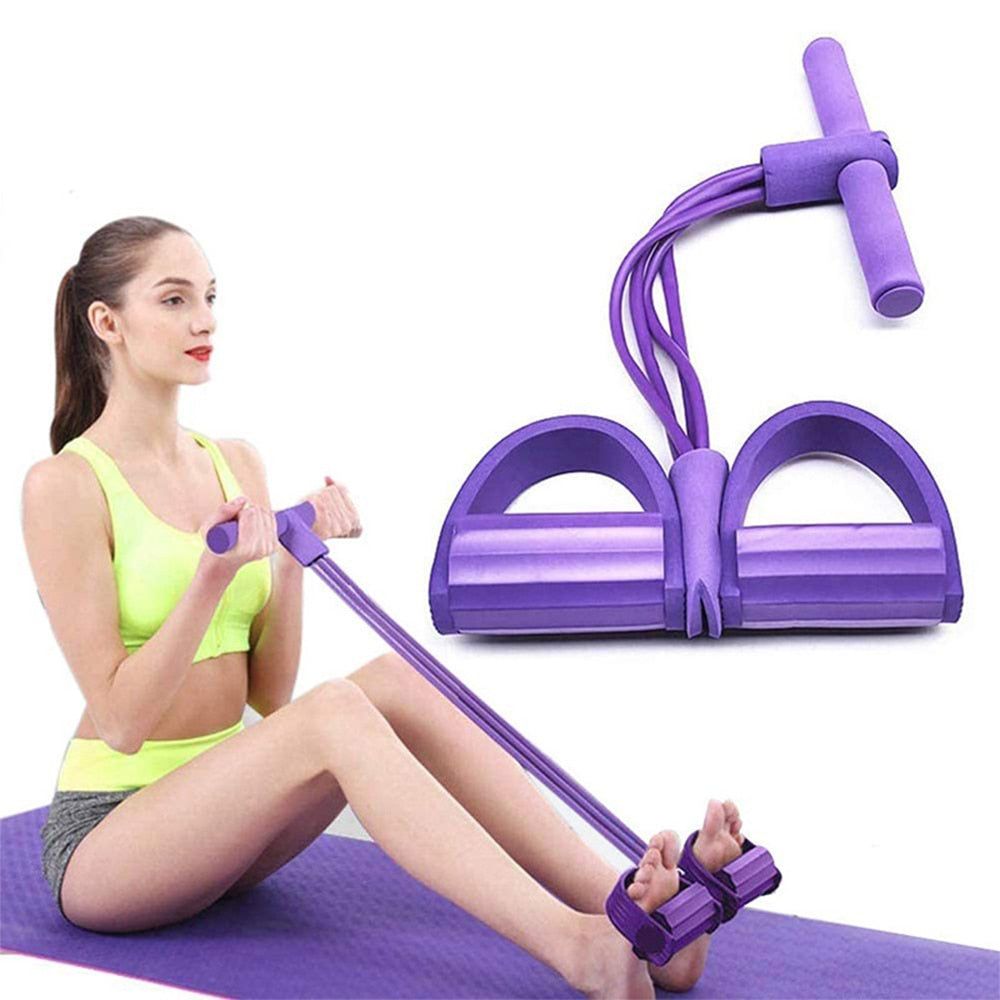 Purple multifunctional pedal resistance elastic sit-up bands with foam handles and pedals for full-body workout and flexibility training