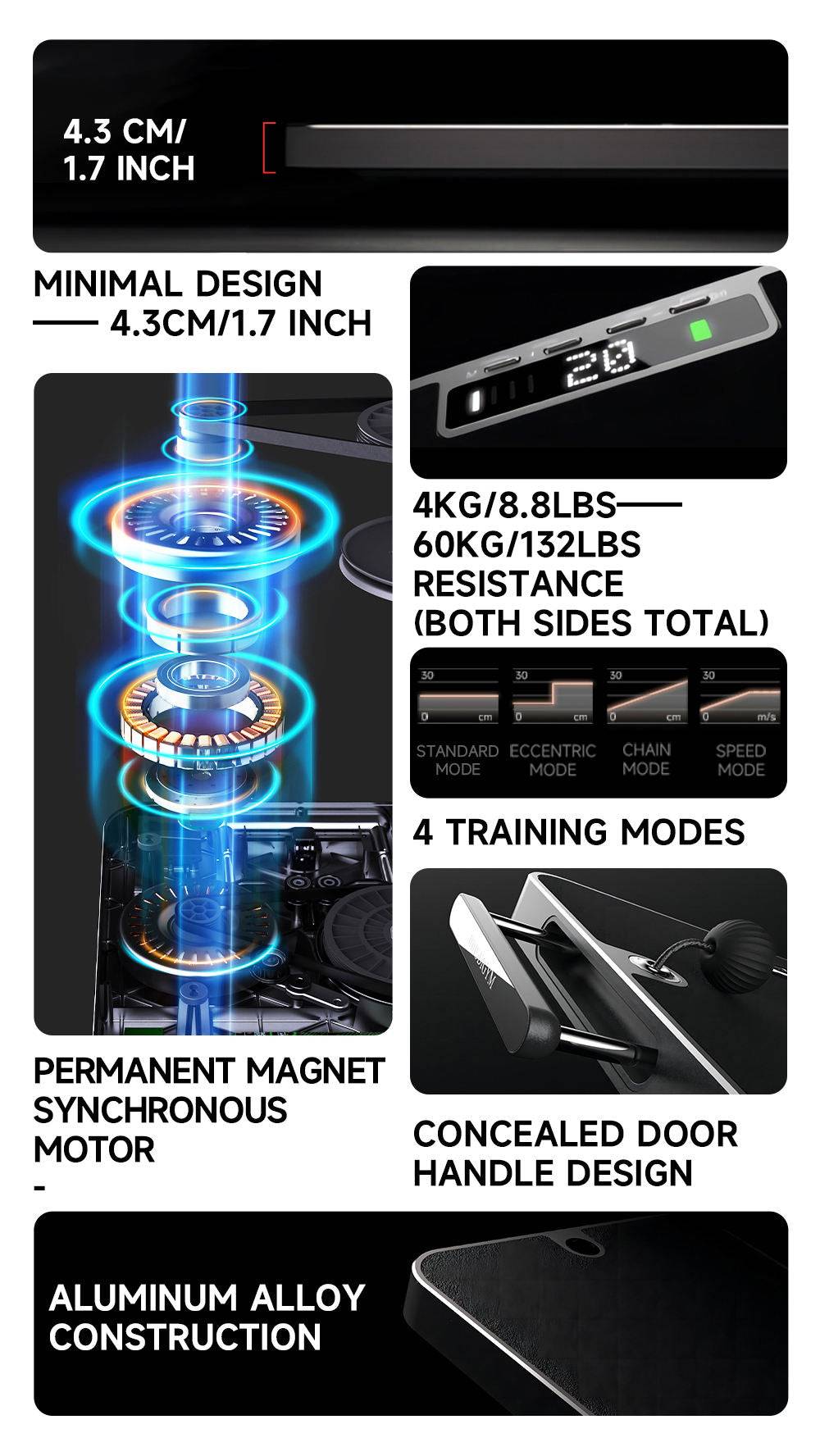 Smart All In One Home Fitness gym with ultra-thin design, 4 training modes, aluminum alloy construction, and smart app connectivity