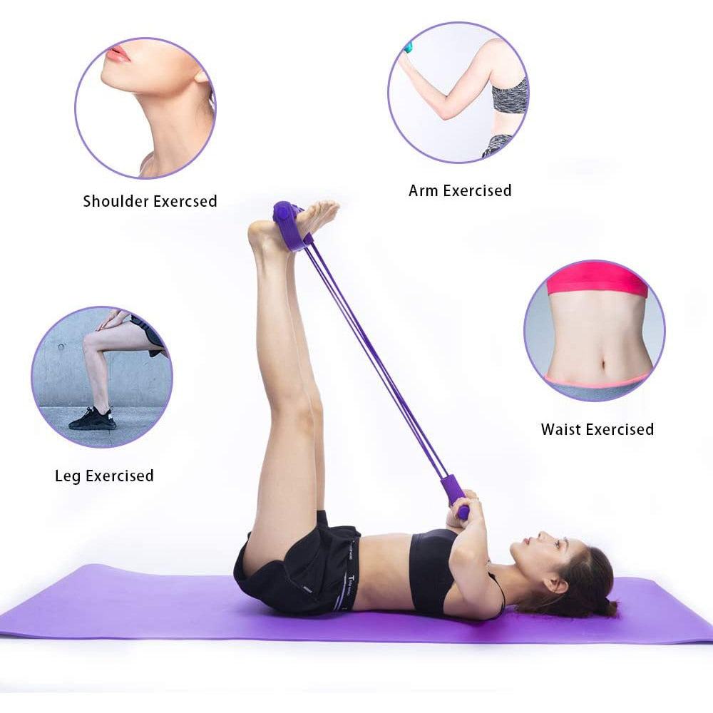 Woman using multifunctional pedal resistance elastic sit-up bands for full-body workout targeting shoulders, arms, waist, and legs.