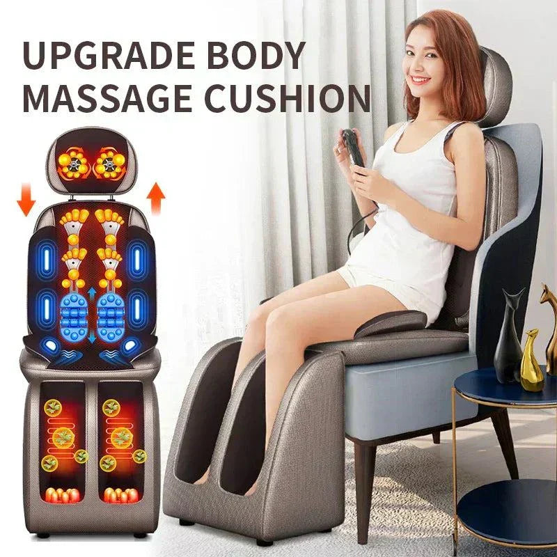 Woman using electric full body massage chair with shiatsu kneading, heating, and vibration features