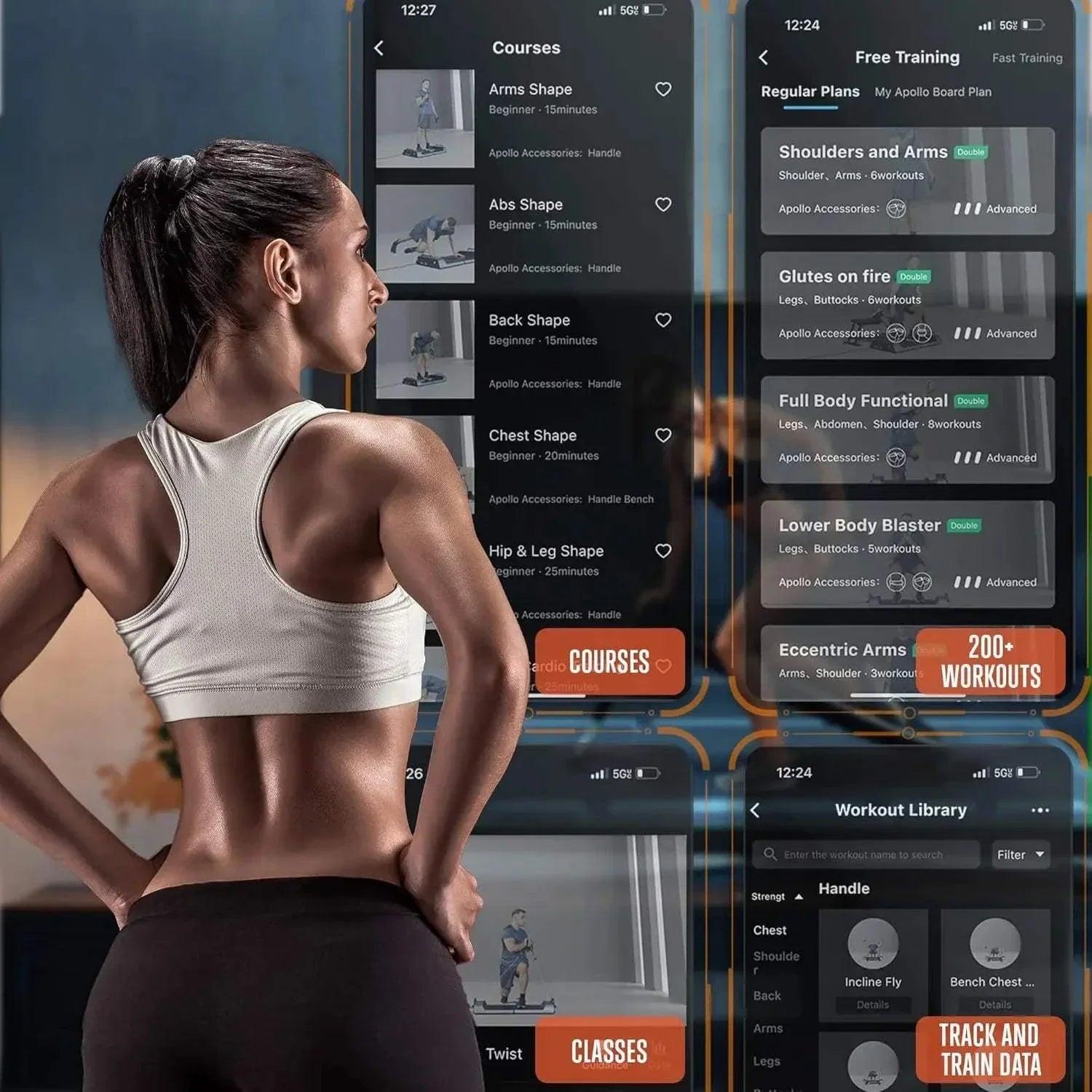 Woman using Apollo Board Mini smart cable machine app showing workout plans and training programs for full-body functional training