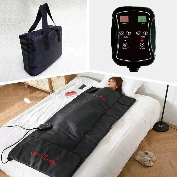 Portable infrared sauna blanket with adjustable heat control for weight loss and detox, foldable and waterproof thermal leather design