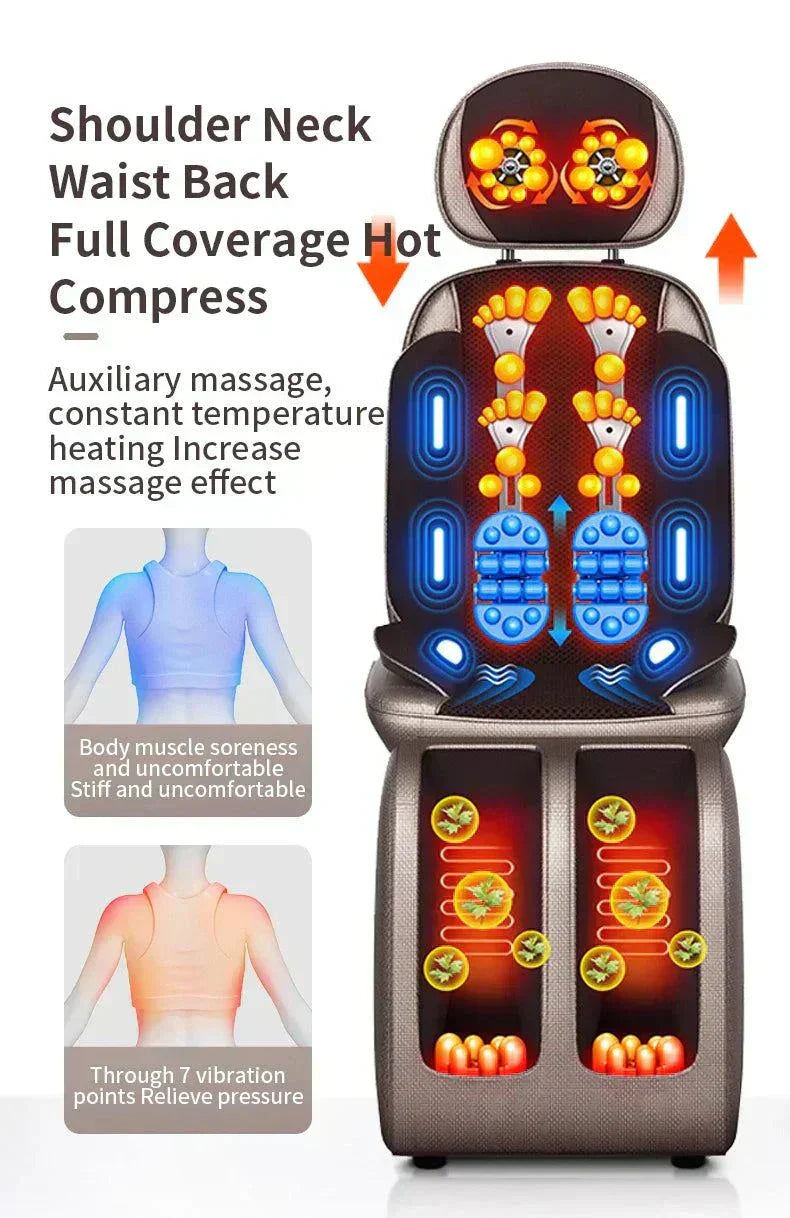 Electric full body massage chair with shiatsu kneading, heating, and vibration for neck, back, waist, and leg relief.