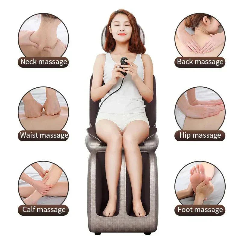 Woman enjoying full body massage chair with shiatsu kneading, heating, and vibration targeting neck, back, waist, hips, calves, and feet