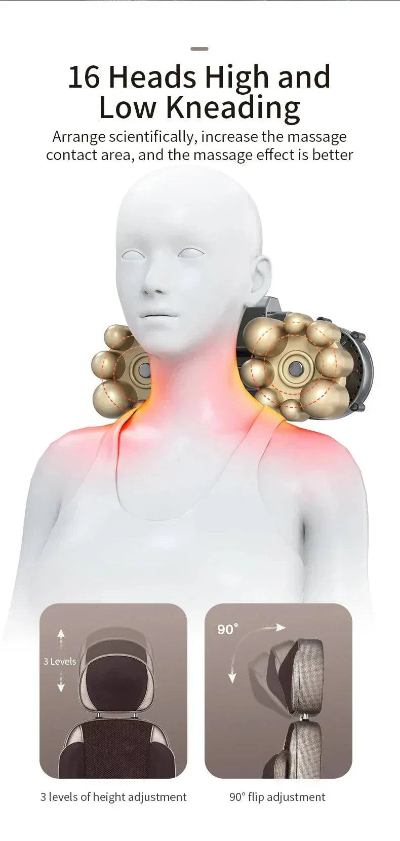 Full Body Massage Chair with 16 heads kneading, adjustable headrest, and heating function for neck and back relaxation