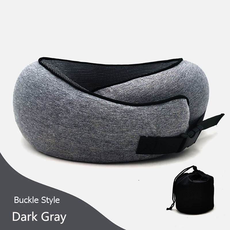 Dark gray Memory Cotton U-Shaped Travel Pillow with buckle style and compact storage pouch for ergonomic neck support