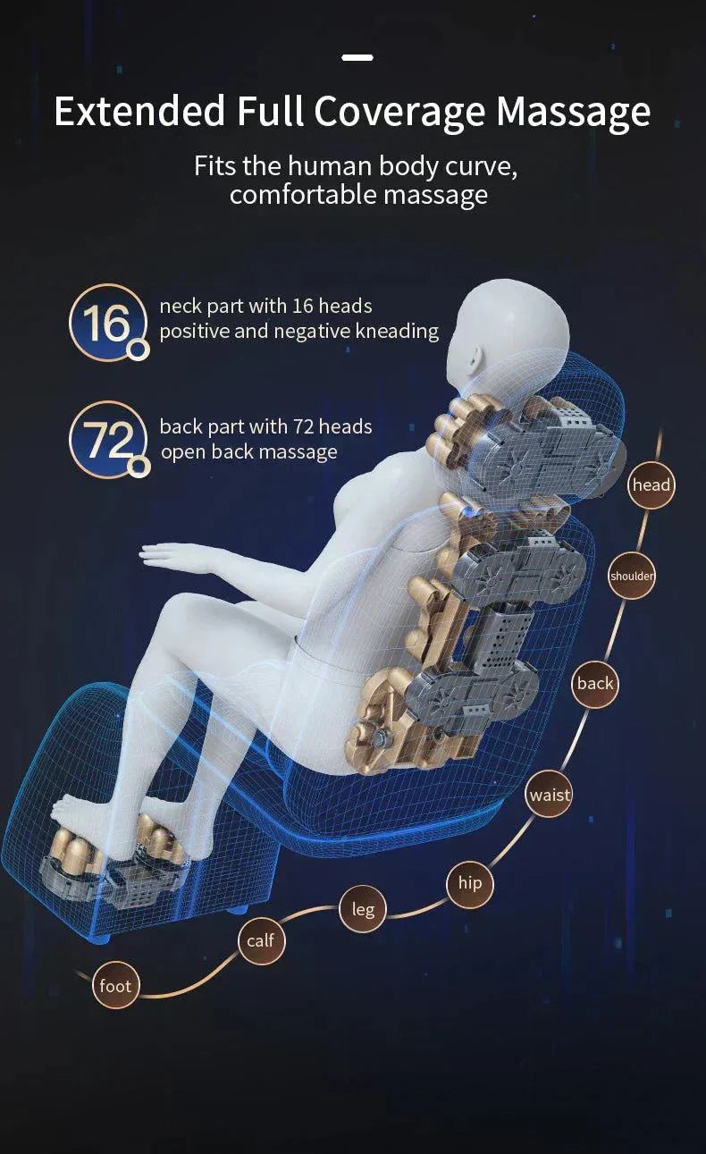 Full body massage chair with shiatsu kneading, heating, and vibration for neck, back, waist, legs, and feet.