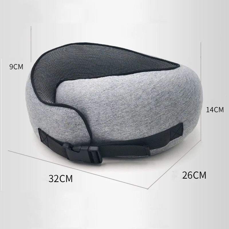 Memory Cotton U-Shaped Travel Pillow in grey with ergonomic neck support and adjustable strap, compact size 32x26x14 cm.