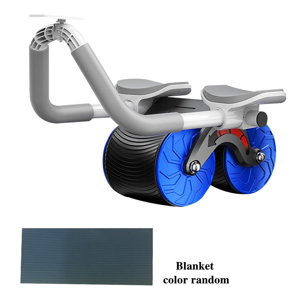 Elbow Support Rebound Abdominal Wheel with dual blue wheels and ergonomic handles for core workouts with included random color exercise blanket.