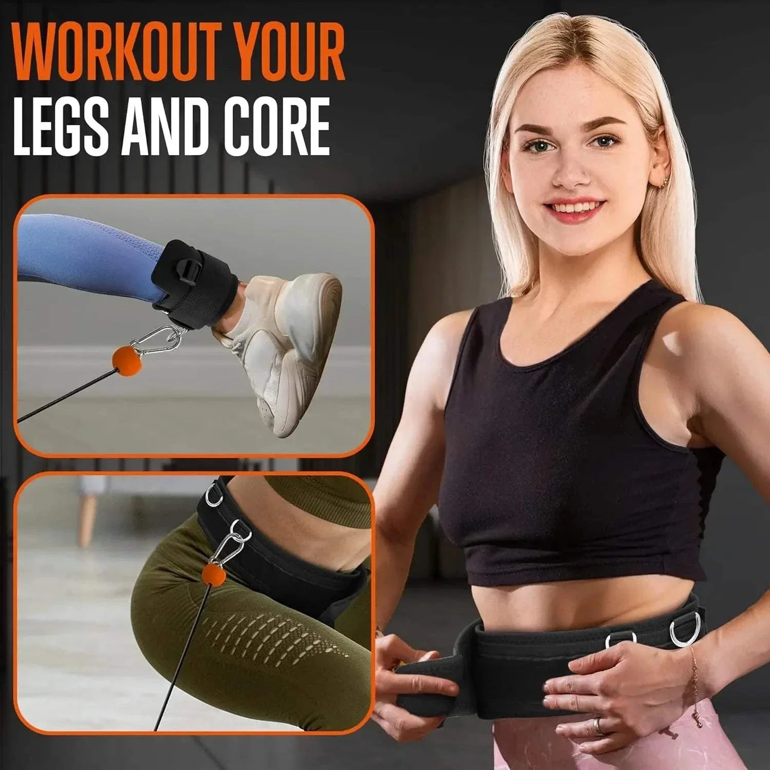 Woman using Apollo Board Mini smart cable machine with ankle and waist straps for legs and core workout