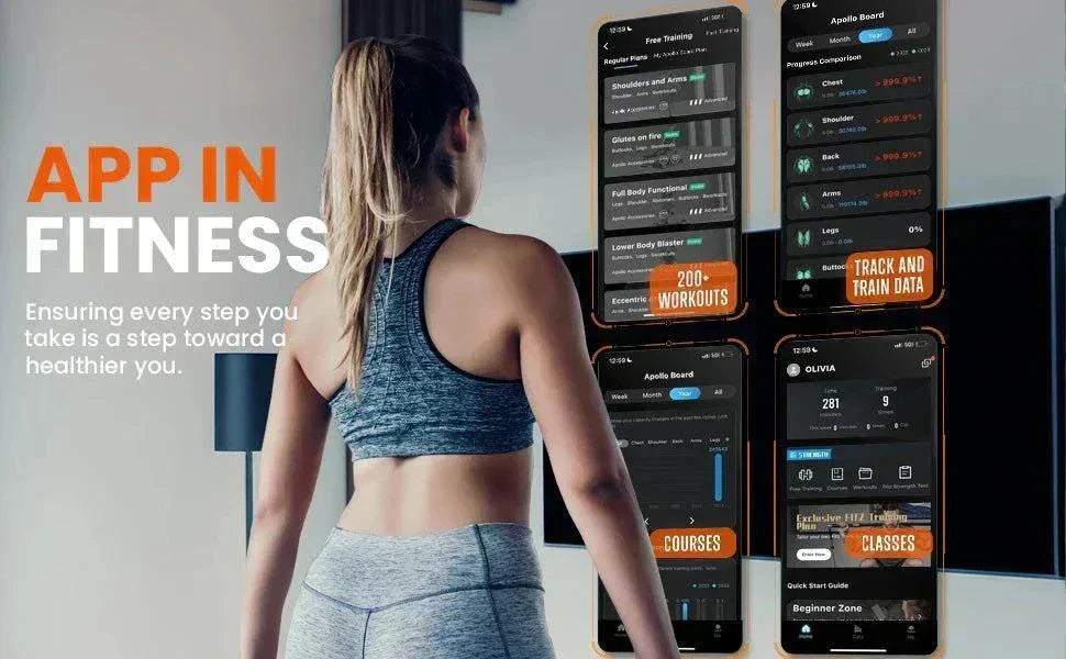 Woman using Apollo Board Mini fitness app on smartphone showing workout plans and progress tracking