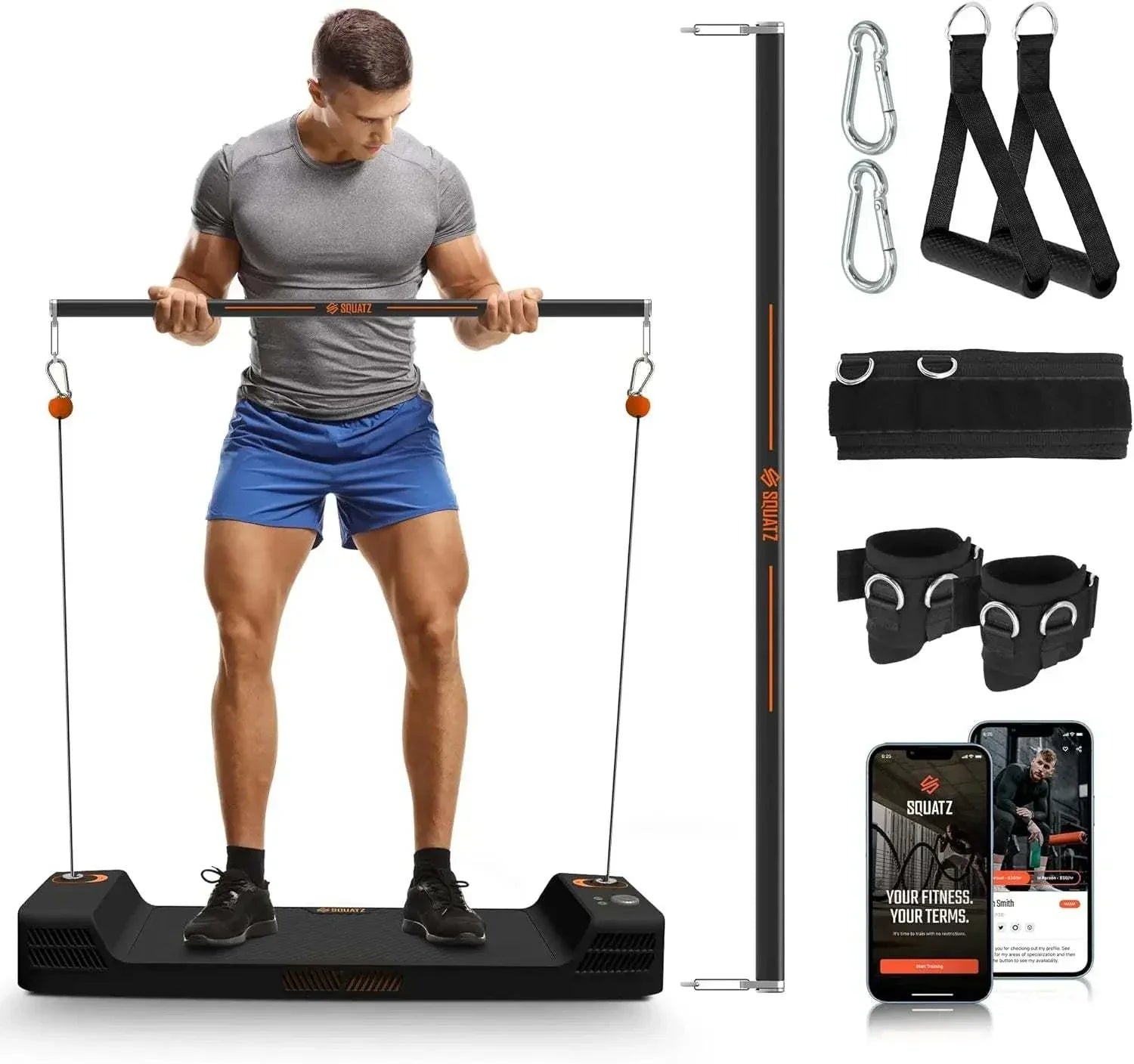Apollo Board Mini smart cable machine with 150 lb adjustable resistance, compact foldable design, and workout accessories including resistance bar, handles, ankle straps, waist belt, and free app for guided training.