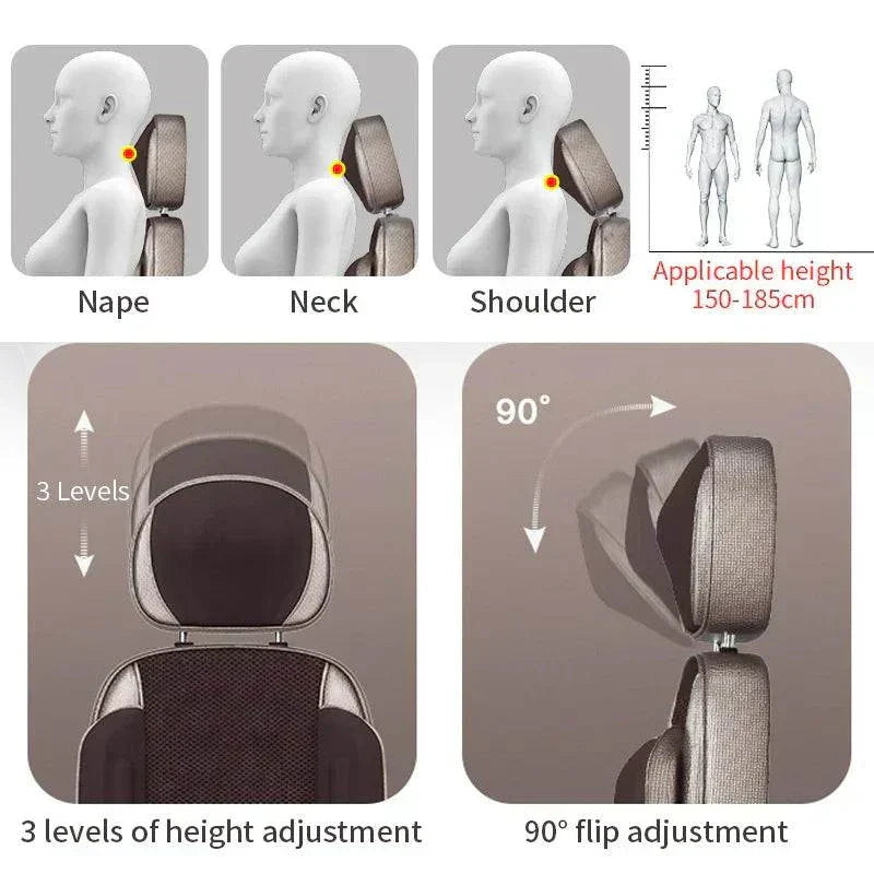 Full body massage chair with adjustable headrest for nape, neck, and shoulder relief, suitable for 150-185cm height.