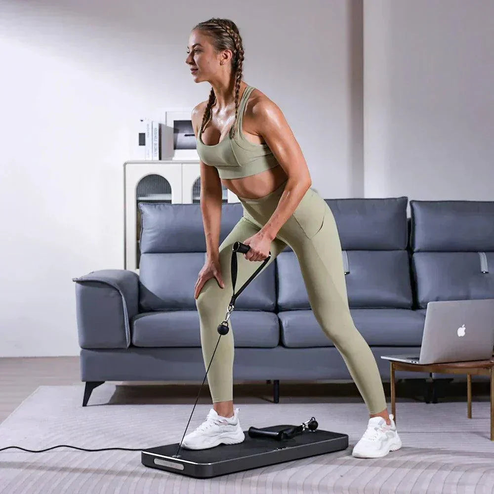 Woman exercising with Smart All In One Home Fitness gym in living room