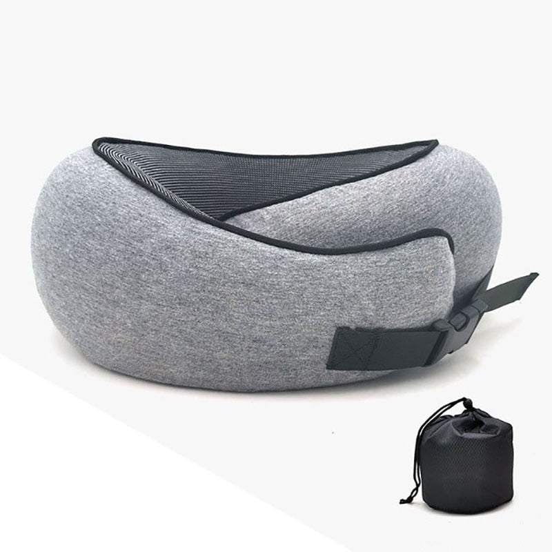 Memory Cotton U-Shaped Travel Pillow in grey with ergonomic neck support and compact storage pouch