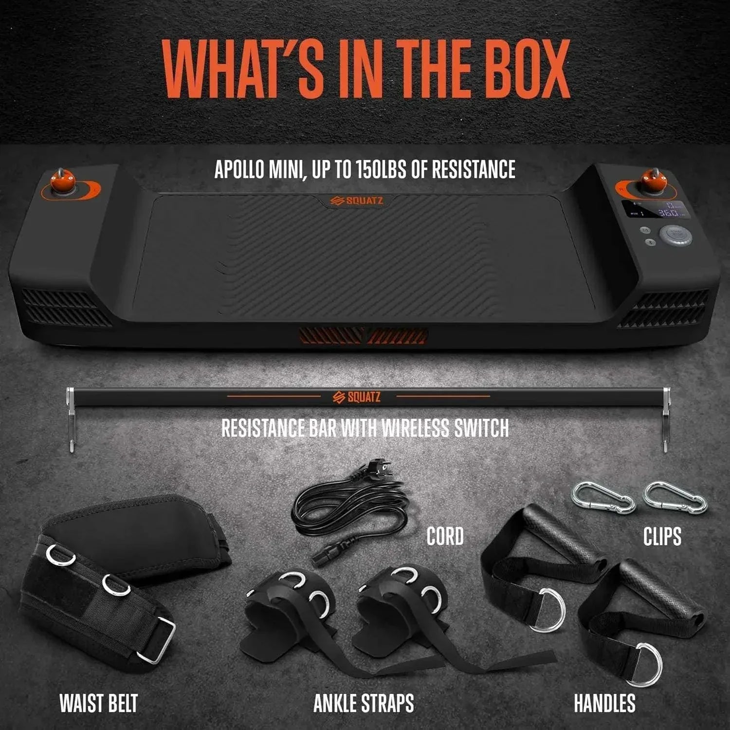 Apollo Board Mini smart cable machine with resistance bar, handles, ankle straps, waist belt, clips, and cord accessories in black and orange design.