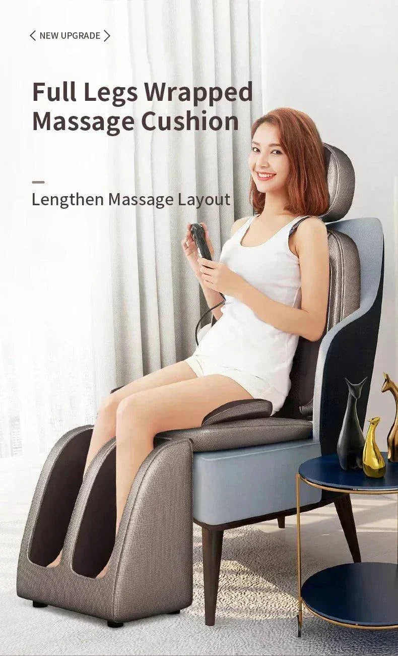 Full Body Massage Chair with leg massage cushion, shiatsu kneading, heating, and vibration therapy for relaxation and muscle recovery.