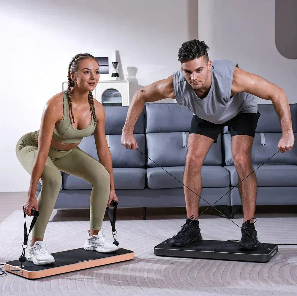 Man and woman using Smart All In One Home Fitness exercise training gym in living room