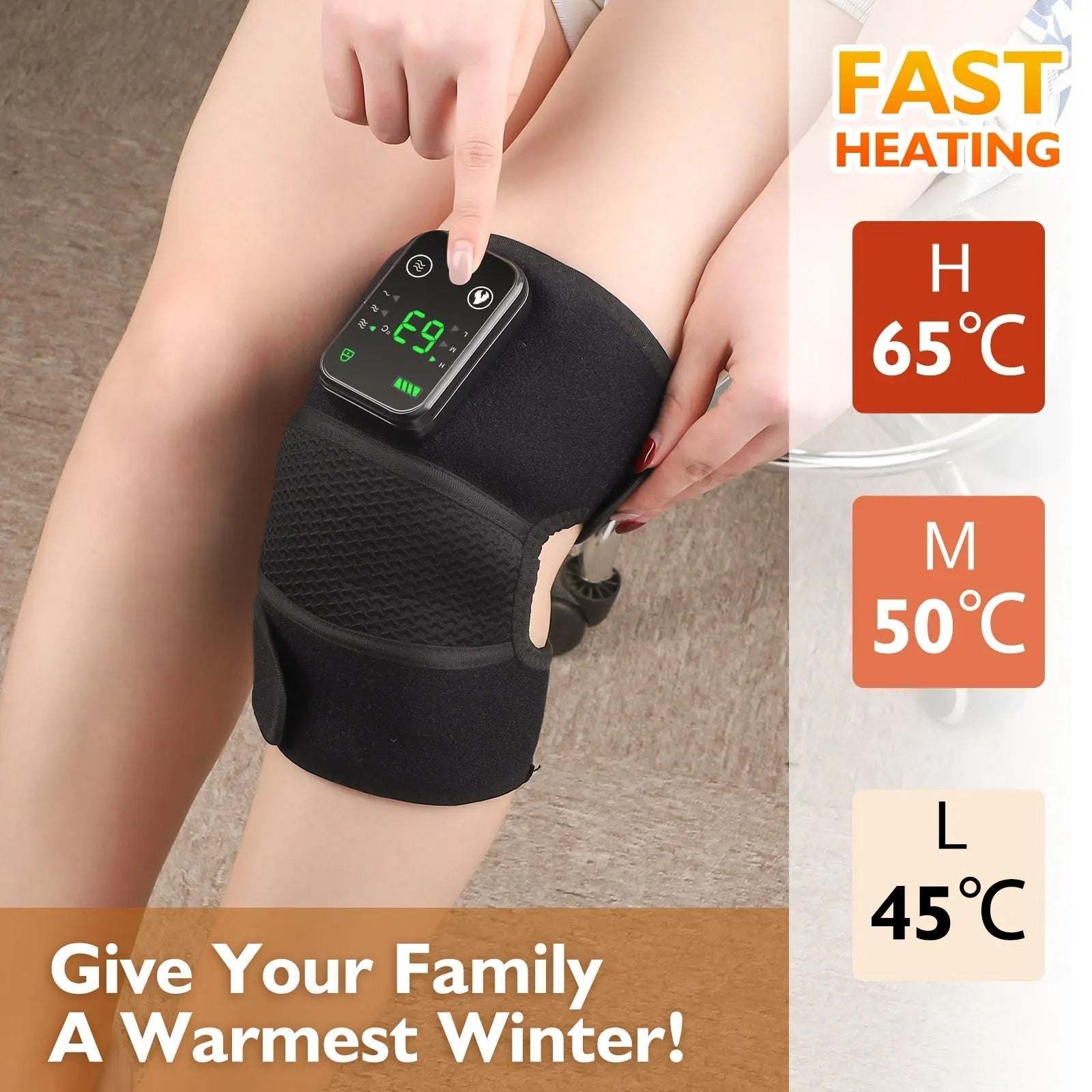 Electric vibration heating massager on knee with adjustable straps and digital control for pain relief and heat therapy