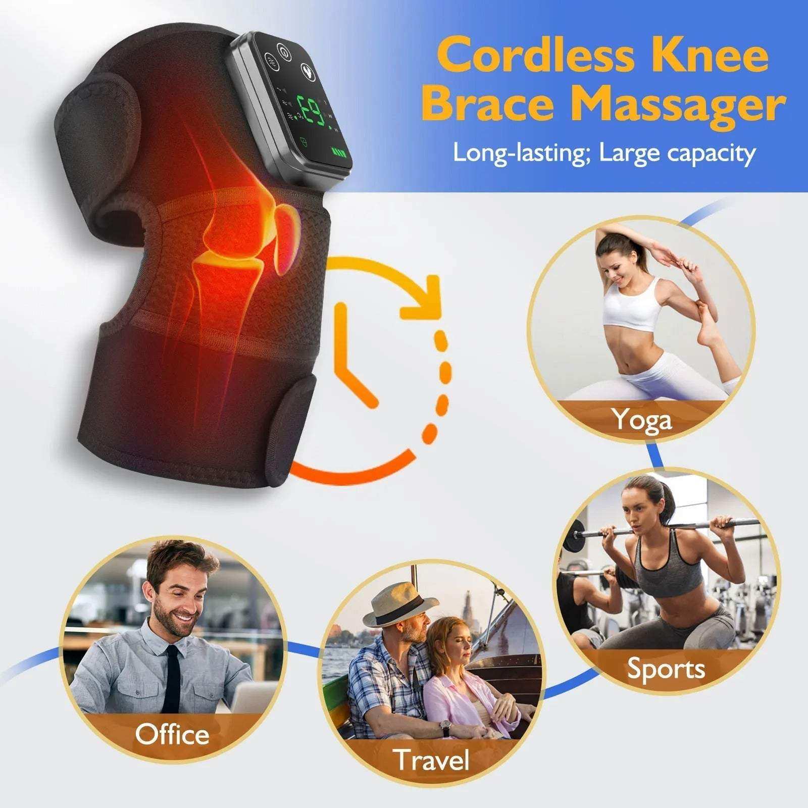 Electric vibration heating massager for shoulder, knee, and elbow pain relief with cordless design and adjustable straps.
