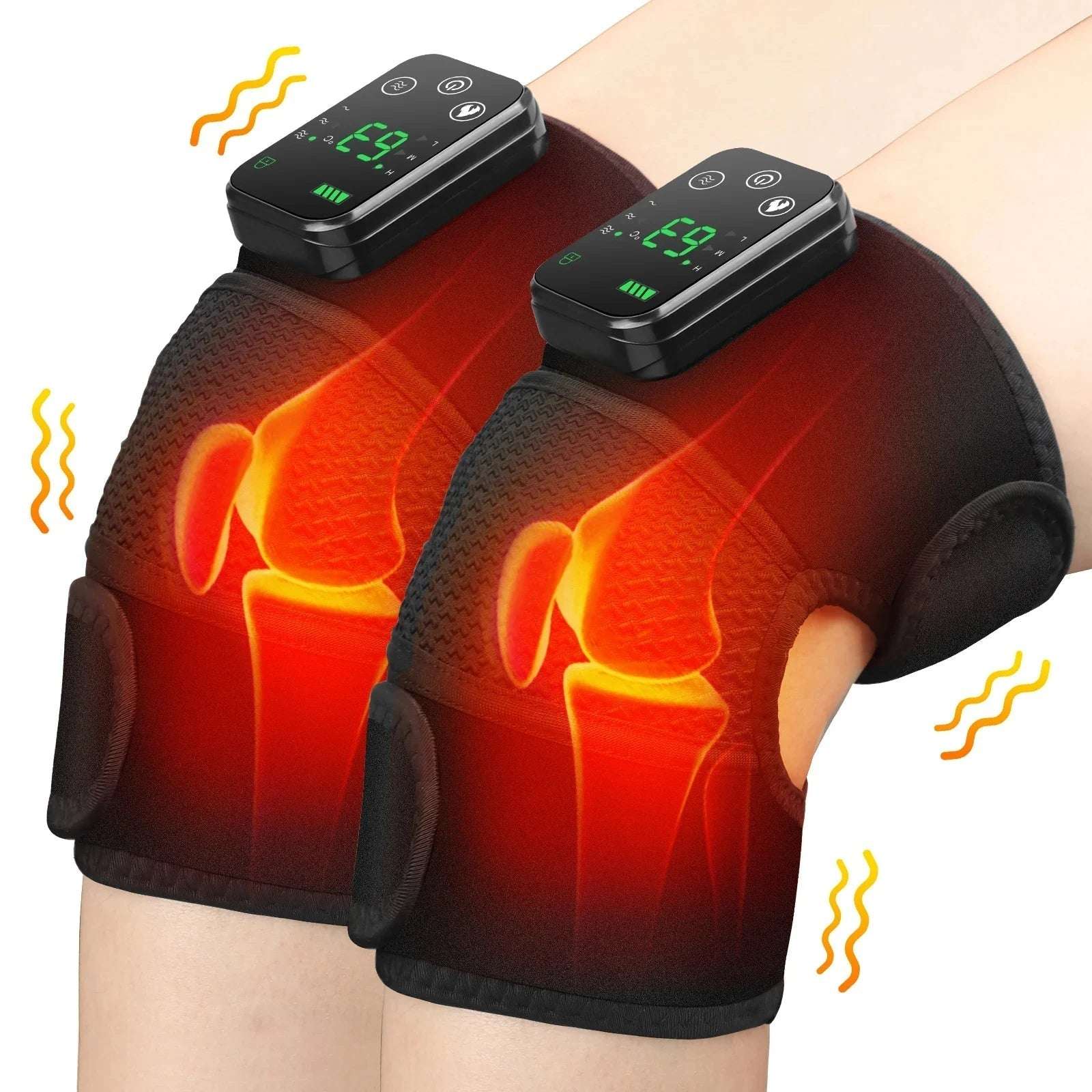 Electric Vibration Heating Massager for knees with adjustable straps and digital controls providing heat and vibration therapy for pain relief.