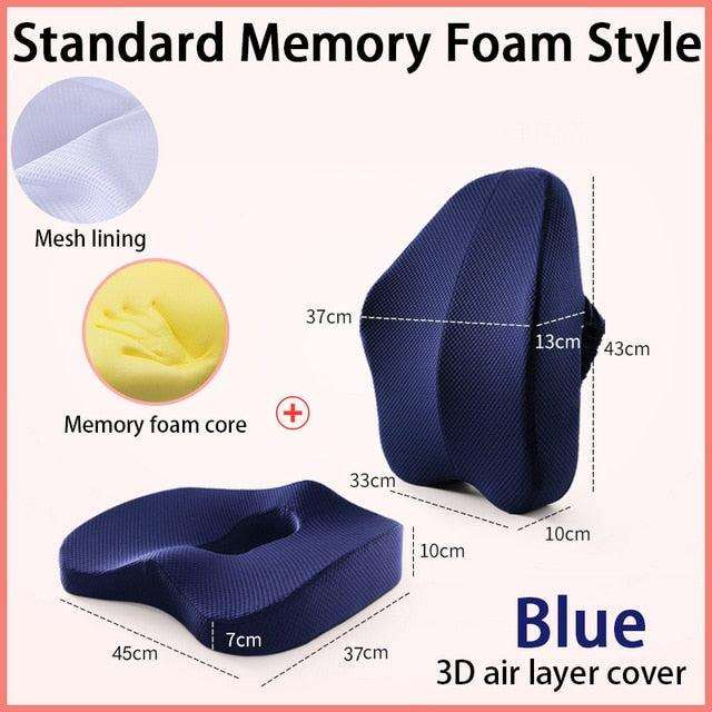 Blue orthopedic seat cushion with memory foam core and mesh lining, ergonomic design with 3D air layer cover, lumbar support cushion and seat pad with dimensions shown.