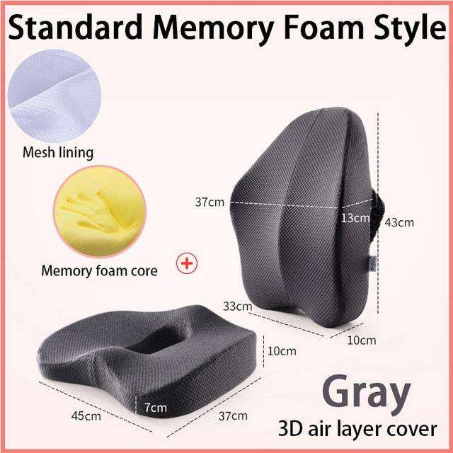 Gray orthopedic seat cushion with memory foam core, mesh lining, and 3D air layer cover for lumbar support and comfort