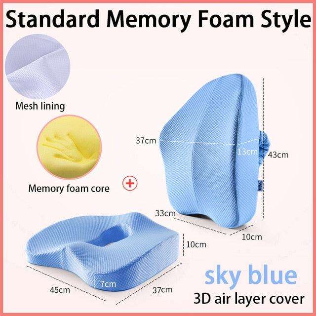 Orthopedic seat cushion in sky blue with memory foam core and breathable mesh lining for lower back support and comfort