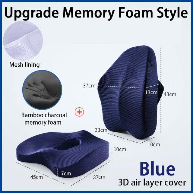 Orthopedic seat cushion in blue with memory foam, bamboo charcoal, mesh lining, ergonomic design, 3D air layer cover for lumbar and lower back support