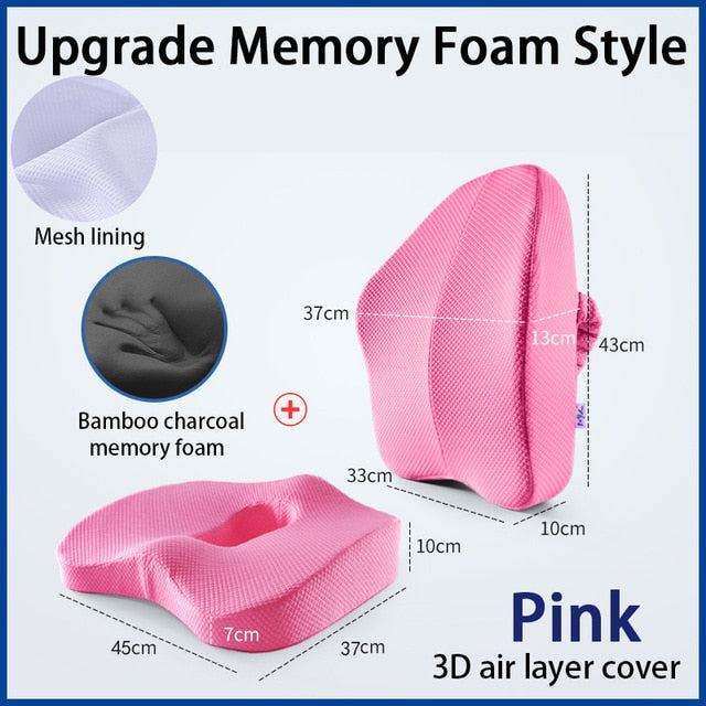 Pink orthopedic seat cushion with memory foam, bamboo charcoal, mesh lining, ergonomic design, and 3D air layer cover with dimensions shown