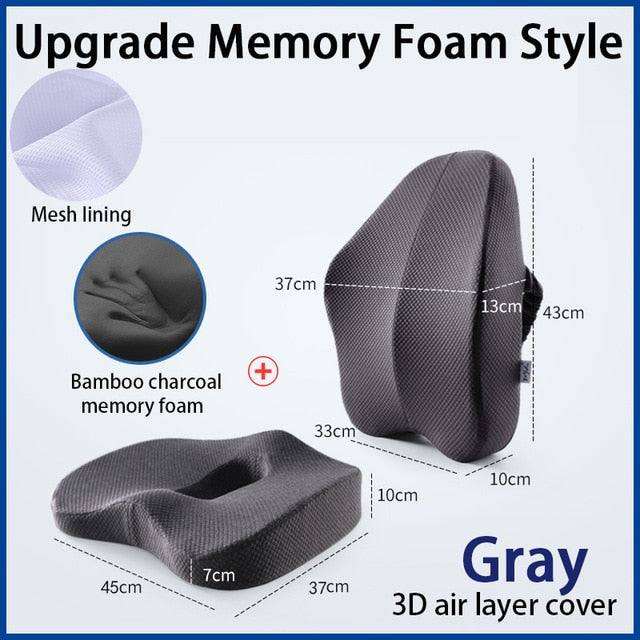 Gray orthopedic seat cushion with memory foam and bamboo charcoal, ergonomic lumbar support cushion with 3D mesh lining and air layer cover.