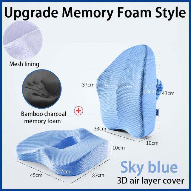 Orthopedic seat cushion in sky blue with memory foam, bamboo charcoal filling, mesh lining, and removable 3D air layer cover for back and seating support.