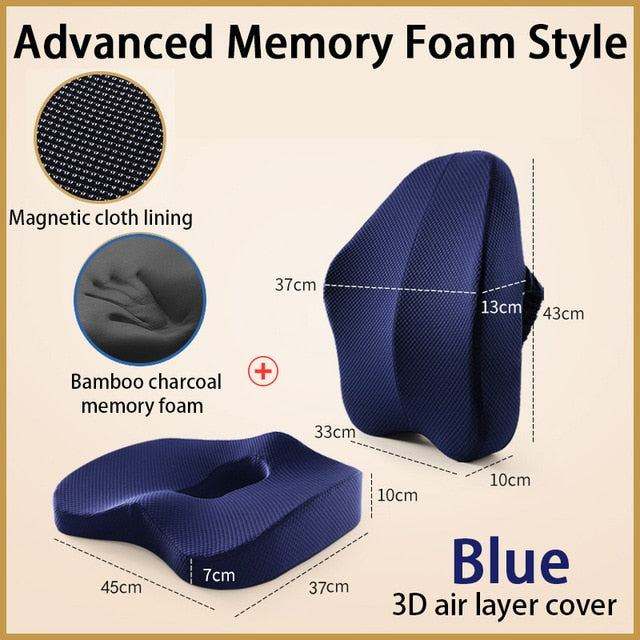 Orthopedic seat cushion in blue with memory foam, bamboo charcoal filling, and 3D air layer cover for lumbar support and comfort