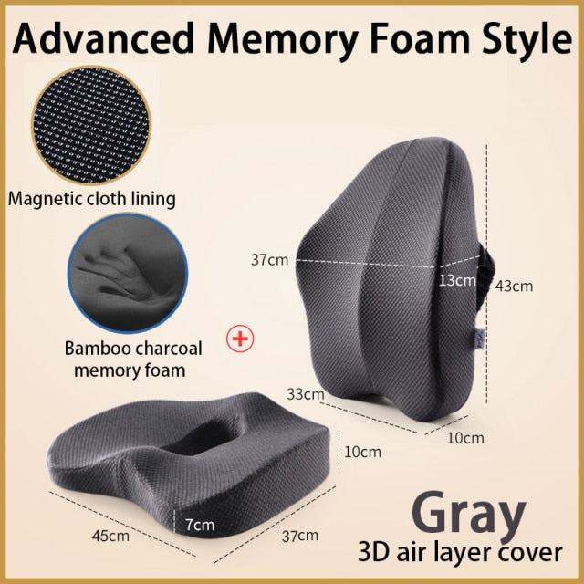 Gray orthopedic seat cushion with memory foam and bamboo charcoal filling, ergonomic back and seat support with 3D air layer cover