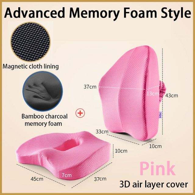 Orthopedic seat cushion in pink with advanced memory foam, bamboo charcoal filling, magnetic cloth lining, and 3D air layer cover for lower back support and comfort.