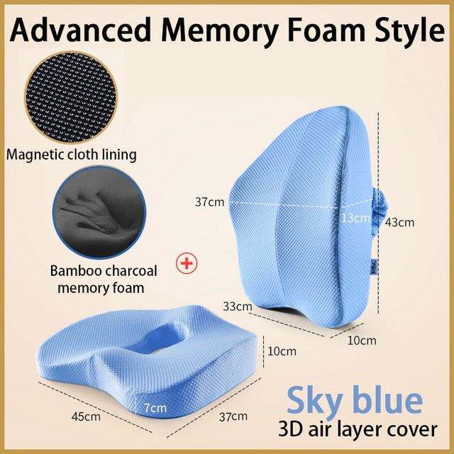 Orthopedic seat cushion in sky blue with memory foam, bamboo charcoal, magnetic lining, and 3D air layer cover for lumbar support and comfort