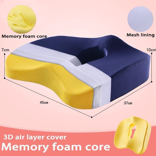 Orthopedic seat cushion with memory foam core and mesh lining for lower back support and comfort
