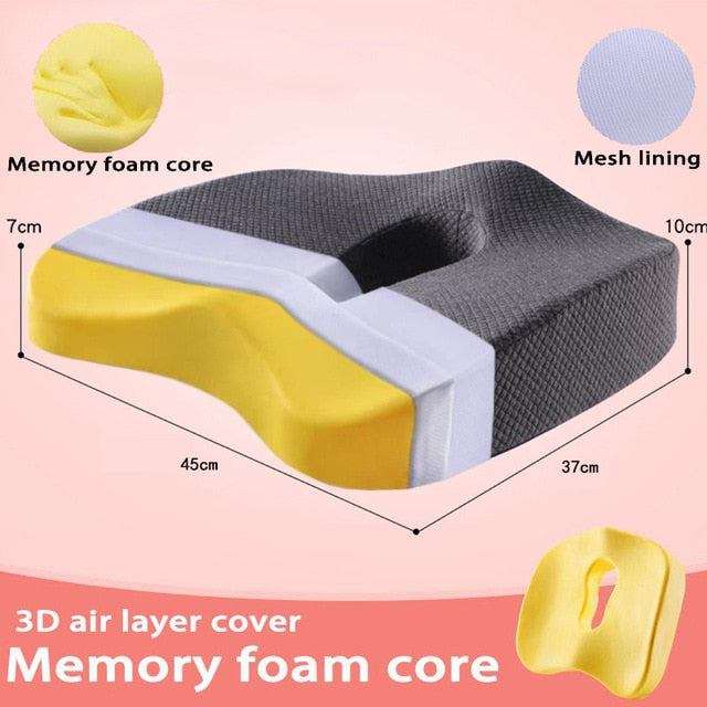 Orthopedic seat cushion with memory foam core and mesh lining for lower back support and comfort