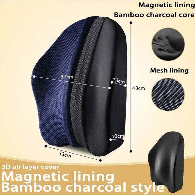 Orthopedic seat cushion with memory foam, bamboo charcoal core, magnetic lining, and breathable mesh cover for lower back support and comfort.