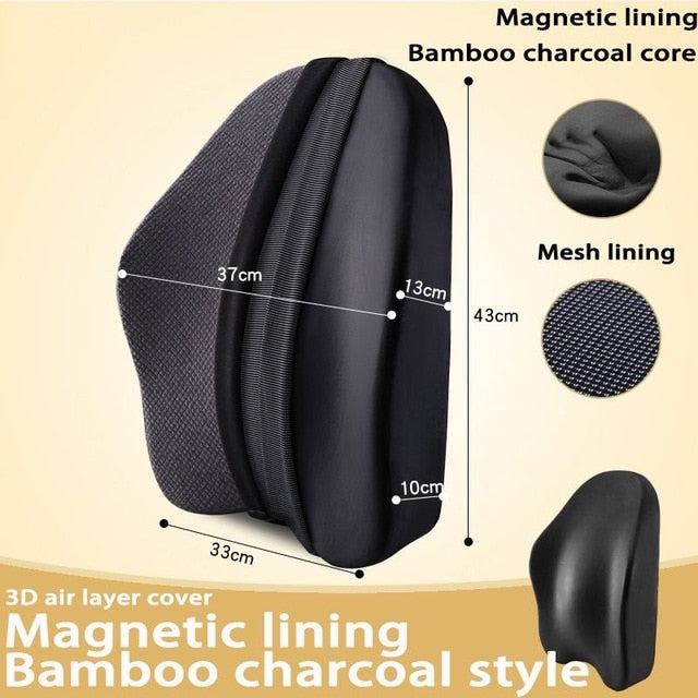 Orthopedic seat cushion with memory foam, bamboo charcoal core, magnetic lining, and breathable mesh cover for lumbar support and comfort.