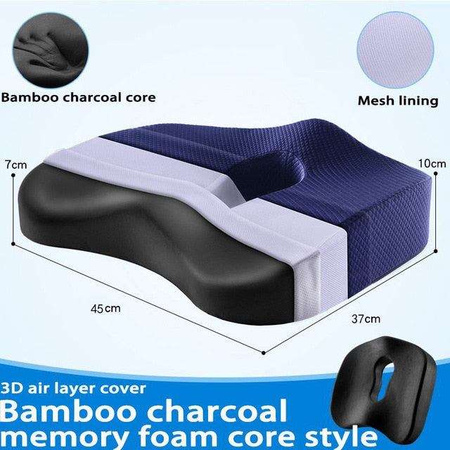 Orthopedic seat cushion with bamboo charcoal memory foam core, mesh lining, ergonomic design for lower back support and pressure relief.