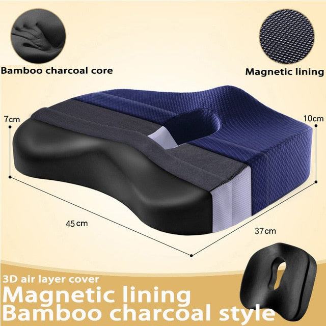 Orthopedic seat cushion with memory foam, bamboo charcoal core, magnetic lining, ergonomic design, 3D air layer cover for lumbar support and posture improvement.